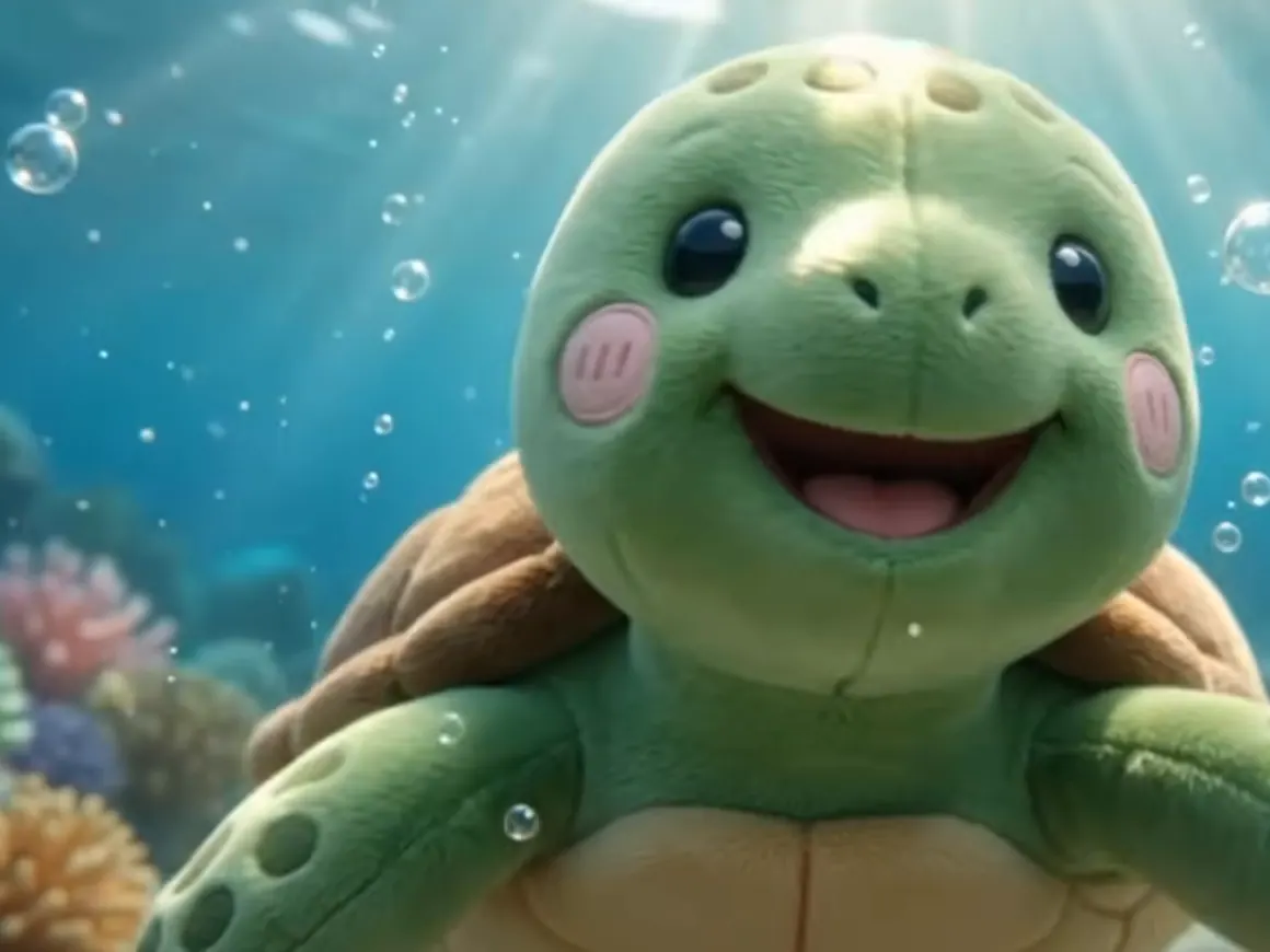 Tula the Turtle, a smiling green sea turtle, swimming through bubbles on the reef.