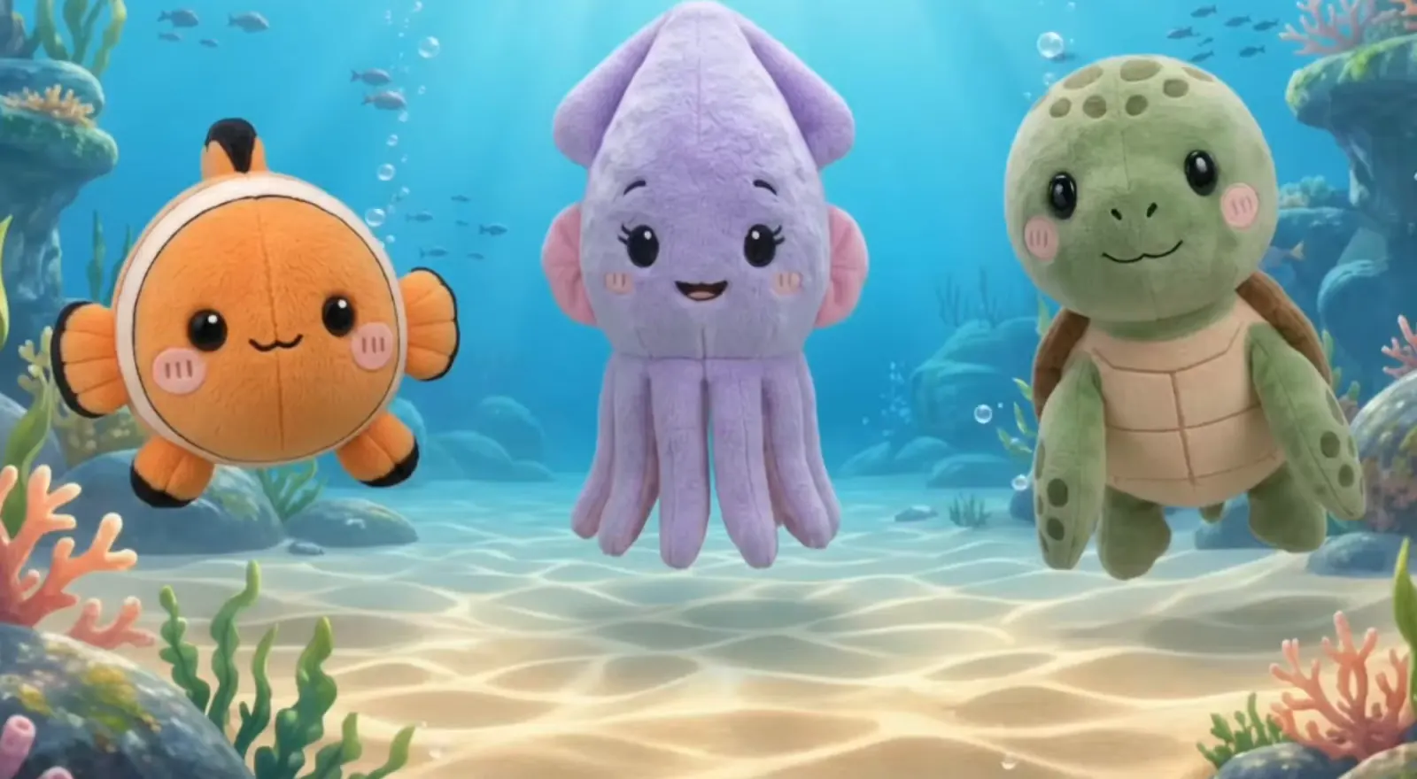 Tula the turtle, Bob the clownfish and Lumi the octopus on the sandy floor of a sunlit coral reef.