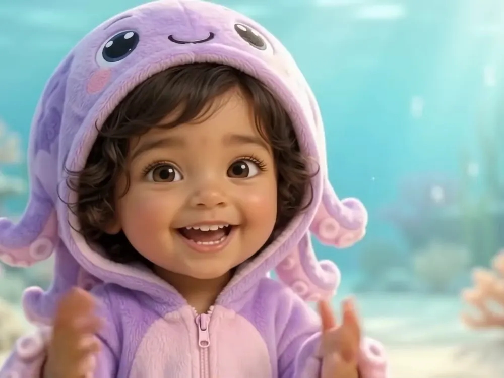 A laughing baby in a lilac octopus hood under the sea.