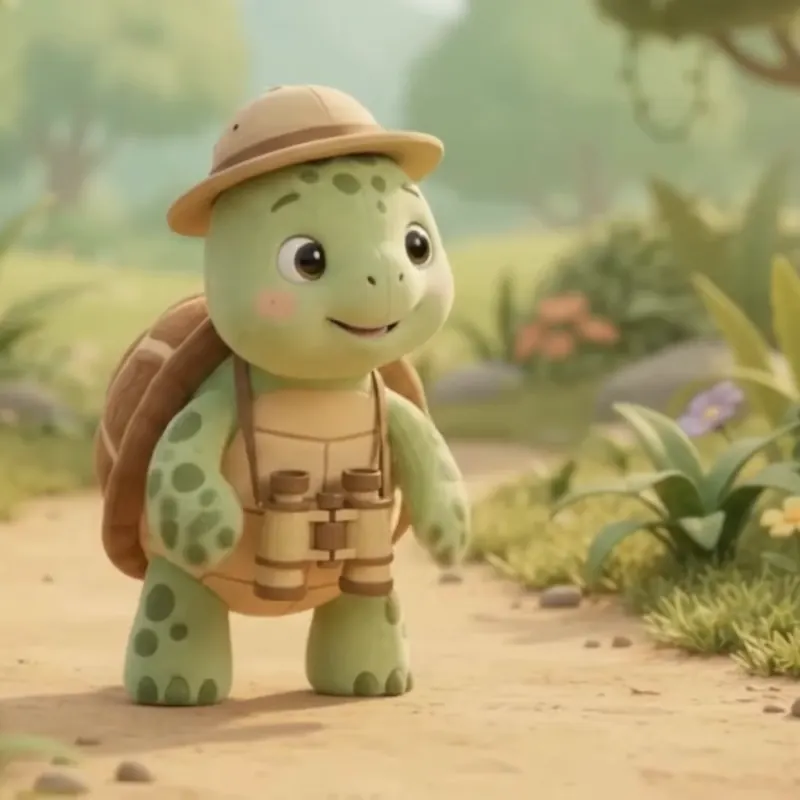 Tula in an explorer's hat, setting off along a sunny jungle path.